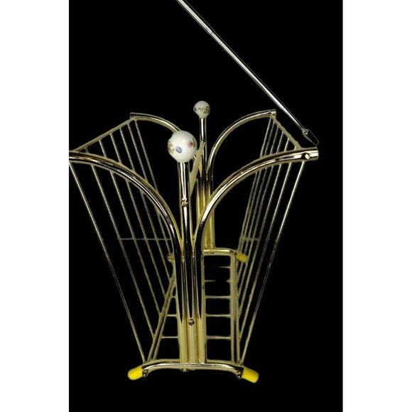 VTG MCM Gold Brass Tone Magazine Holder Porcelain Floral Ball Hollywood Regency - Picture 11 of 11